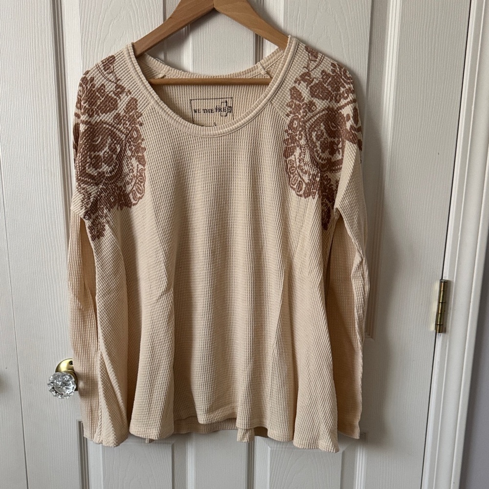 Free People We the Free Cream Long Sleeve Thermal Top with Brown Floral Accents